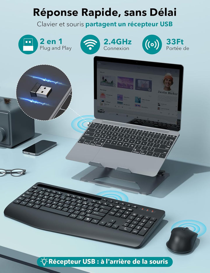 Tastatur Maus Set Kabellos, Ergonomische Tastatur in Voller Grösse mit Handgelenkauflage, Telefonhal