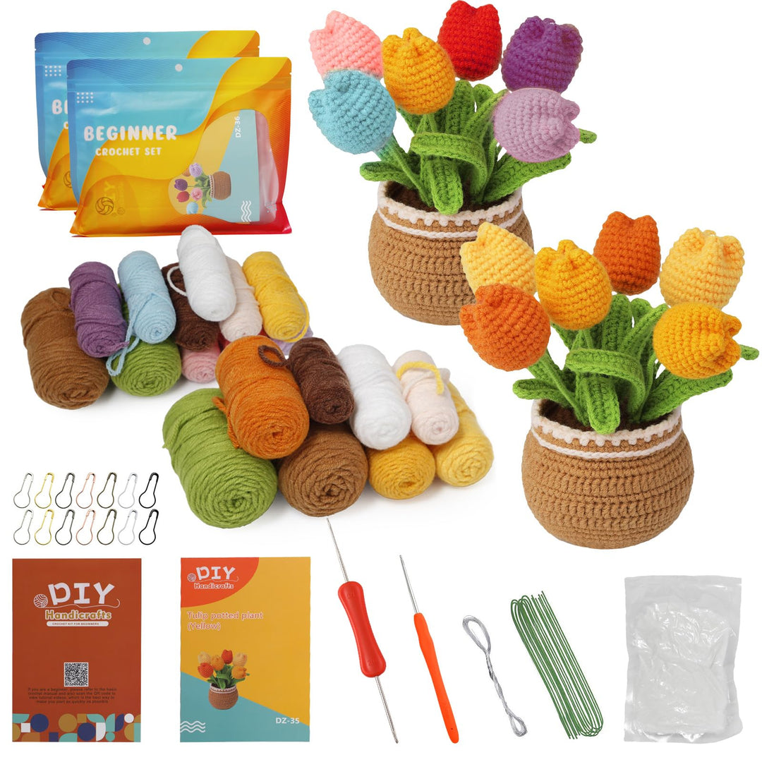 Keboyoe 2 Stück Tulpe Häkelset für Anfänger mit Video Anleitung, Häkeln für Anfänger Set, Diy Häkels
