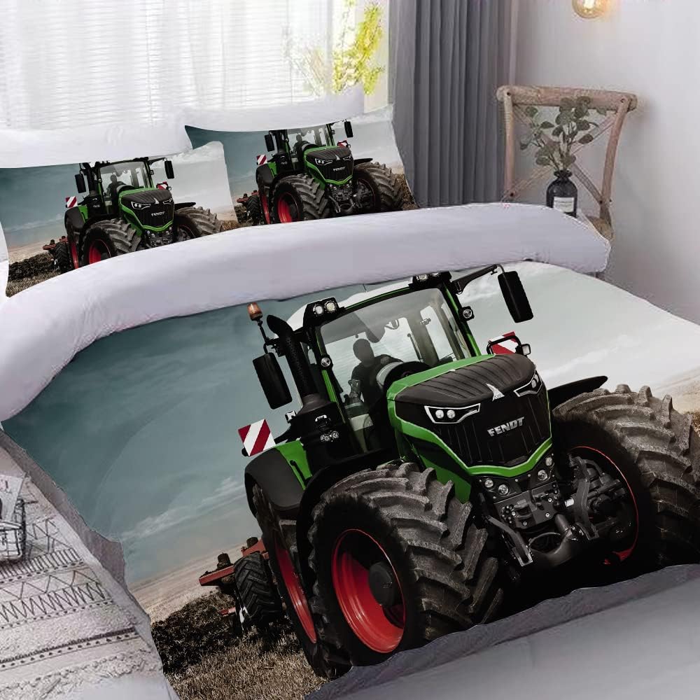PQCXXA Traktor kinderbettwäsche 200x200cm,3-teilig Grün Traktor Bettwäsche-Set mit Reissverschluss u