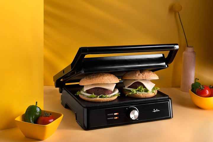 Jata JEGR1913 Elektrischer Doppel-Grill-Grill mit 2 Grillplatten, 29 x 24 cm, Öffnung 180°, kippbare
