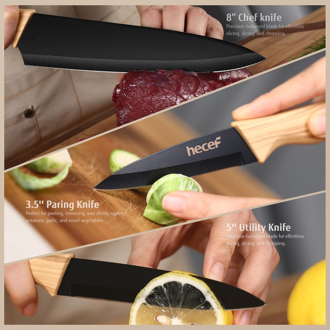 hecef Messerblock Set 6 Teilig, Edelstahl Küchenmesser mit Universalblock, Chefmesser & Santoku, Ext
