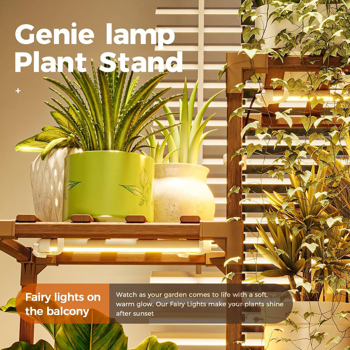 Bamworld Blumenständer mit Pflanzenlampe, 6-stöckiges Pflanzenregal aus Holz mit LED Grow Light, Pfl