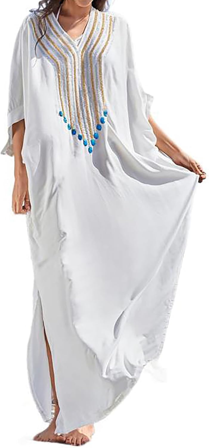 Bsubseach Damen Stickerei Kurzarm Bikini Strandkleid Side Split Beach Kaftan Kleid Ff-weiss, Ff-wei&