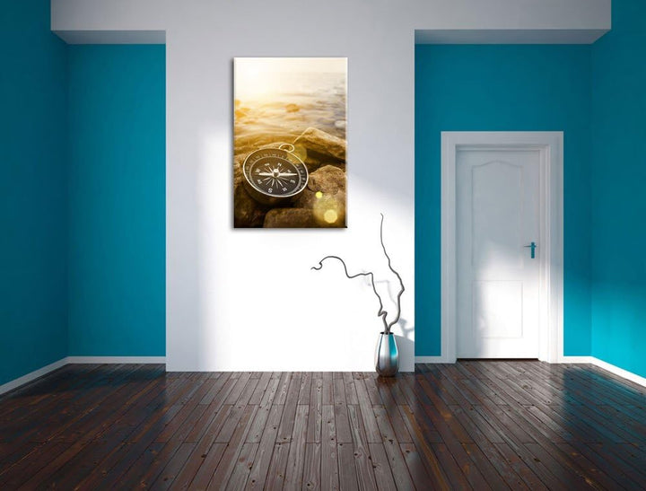 Kompass auf Steinen Reiselust Format: 100x70 auf Leinwand, XXL riesige Bilder fertig gerahmt mit Kei