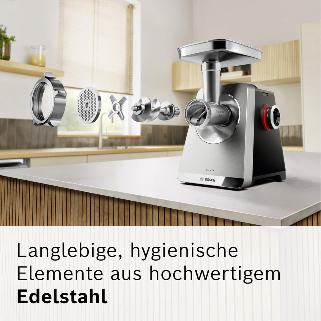 Bosch Fleischwolf Serie 8, 3 Lochscheiben (3/4,5 / 8mm), Edelstahl, spülmaschinenfest, Kebbe- & Wurs