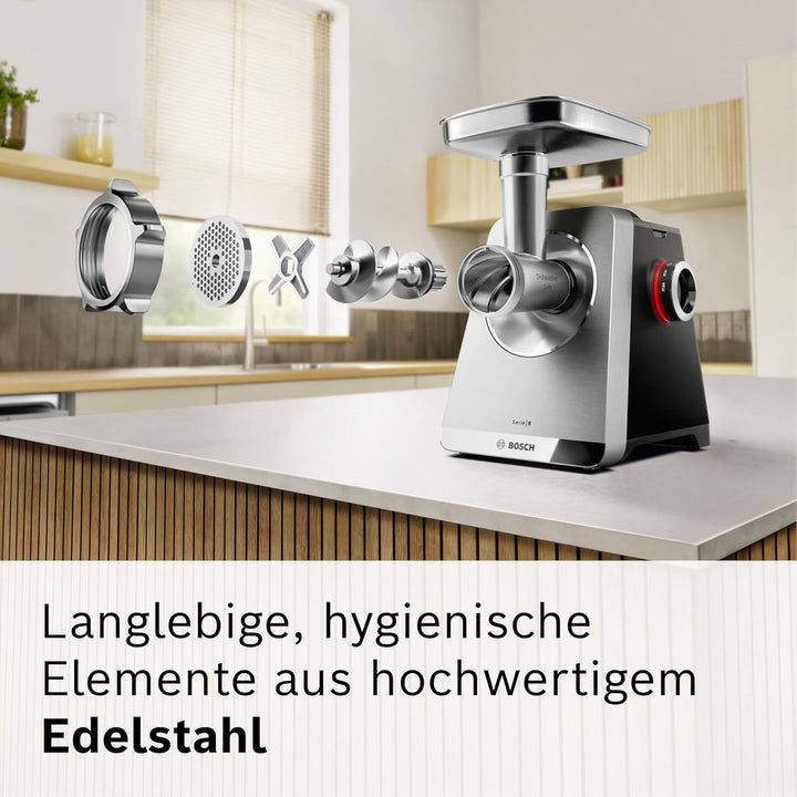 Bosch Fleischwolf Serie 8, 3 Lochscheiben (3/4,5 / 8mm), Edelstahl, spülmaschinenfest, Kebbe- & Wurs