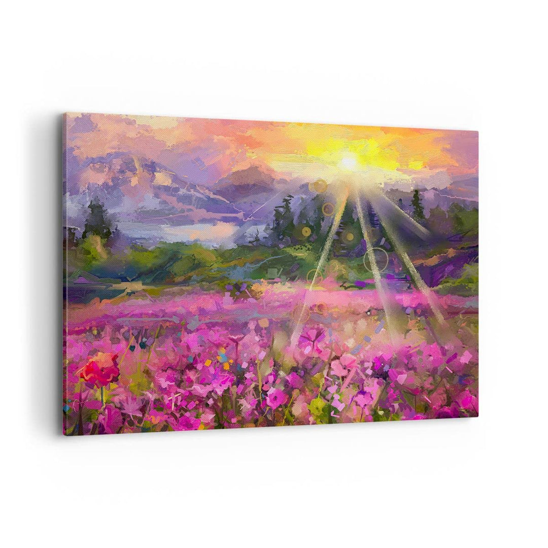 Bilder auf Leinwand 100x70cm Leinwandbild mit Rahmen Berge Blumen Blumen Gross Wanddeko Bild Schlafz