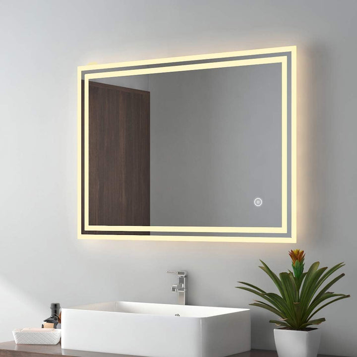 EMKE LED Badspiegel 80x60cm, Beleuchtung Touch+Beschlagfrei+3 Lichtfarbe Wandspiegel IP44 energiespa
