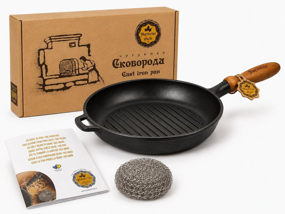 WDMT Maysternya™ Grillpfanne Gusseisen mit Holzgriff - ø 24 x 4 cm - Gusseisenpfanne für alle Herdar