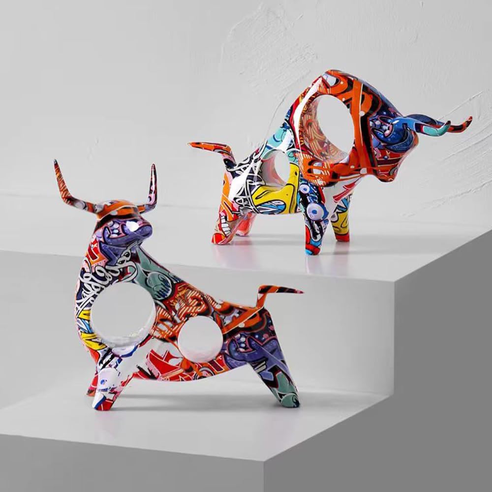 PIGPIGFLY Stier Statue,Graffiti-Ornamente,Harz Paar Katzen,Deko Wohnzimmer,Home Store Dekoration, Bü