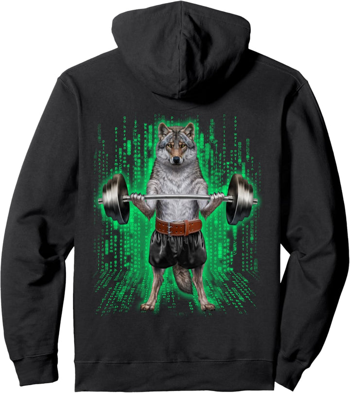 Wolf, der Gewichte im Cyber-Fitnessstudio hebt Pullover Hoodie