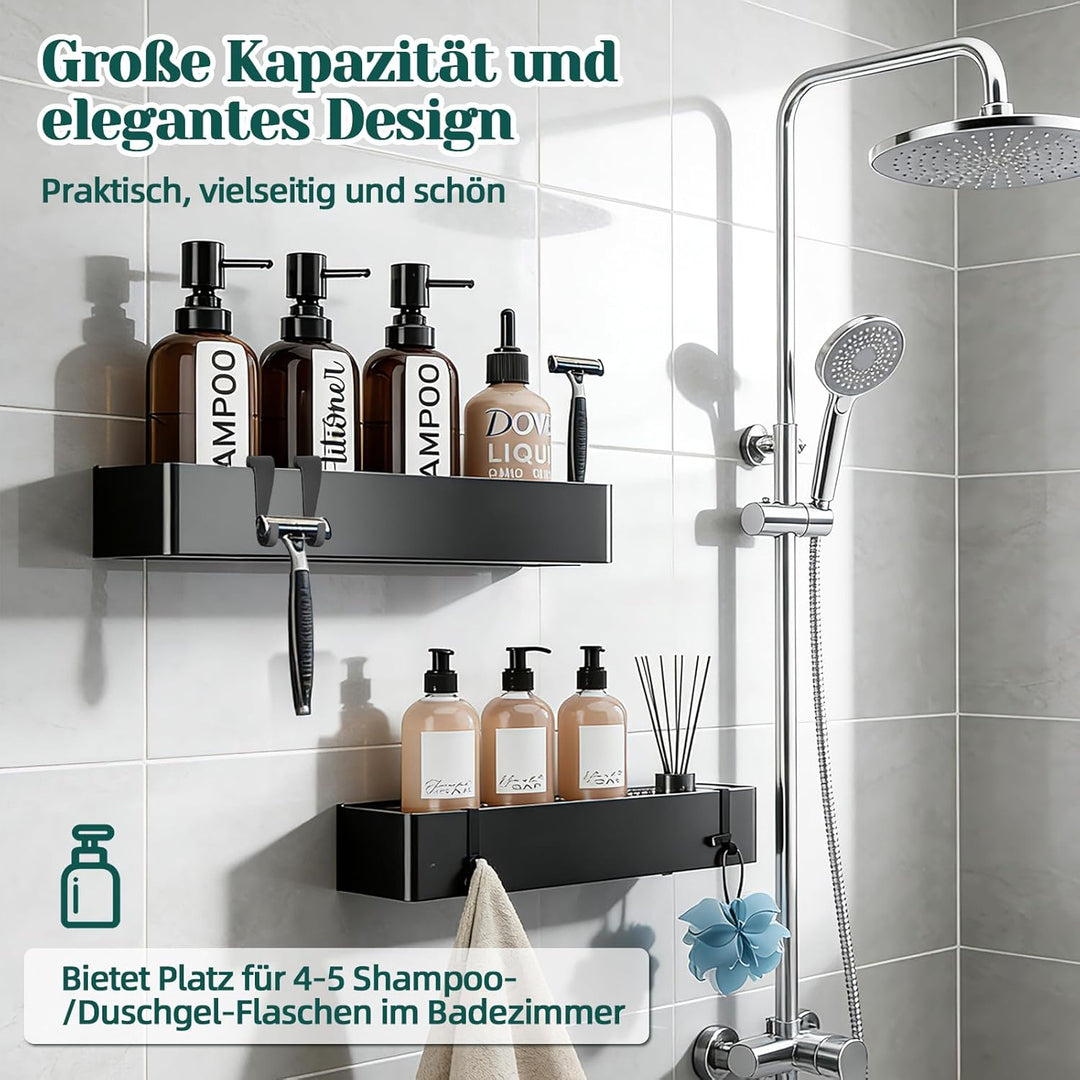 Duschablage Ohne Bohren Schwarz, 2 Stück Duschregal aus Metall mit 4 Haken - Wasserdichter, Schnellt