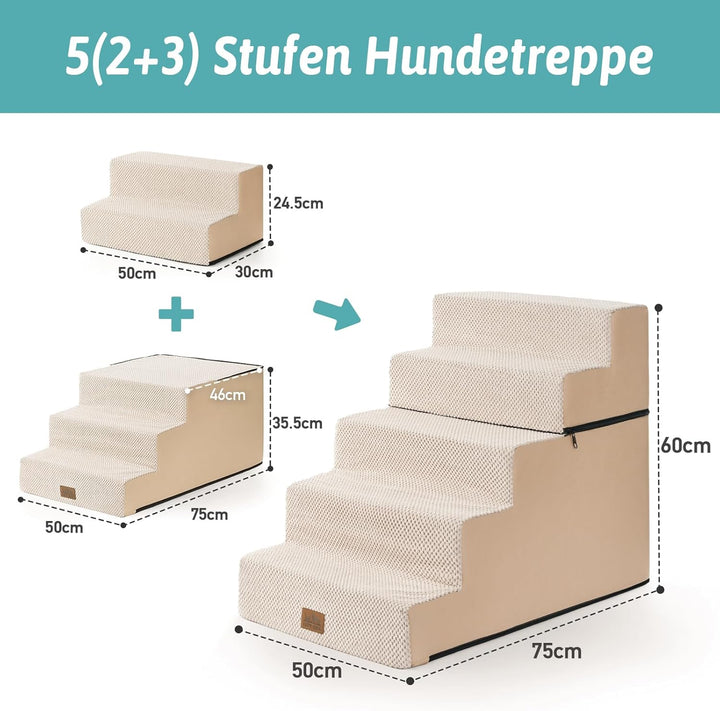Hundetreppe, 5 Stufen Multifunktionale aus Hochdichtem Schaumstoff für Bett Couch Sofa, 60cm Hoch Ab