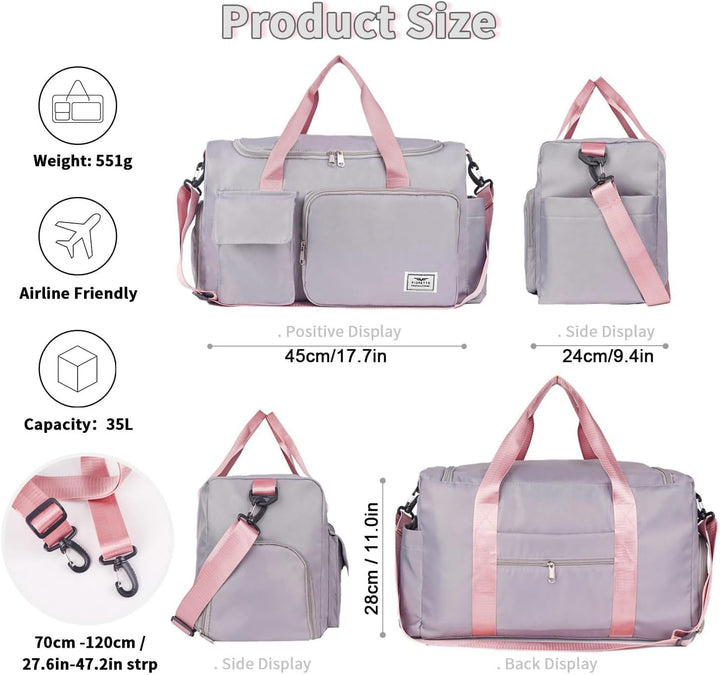 FIORETTO 35L Damen Sporttasche Faltbare Reisetasche mit Schuhfach und Nassfach, Wasserabweisende Wee