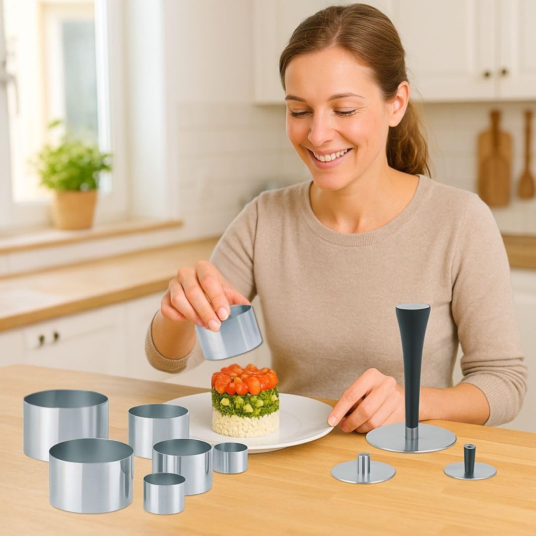 Premium Dessertringe Set Edelstahl 10-teilig, Profi Speisenringe Ø 4/6/8 cm, mit Presse & Griff, Anr
