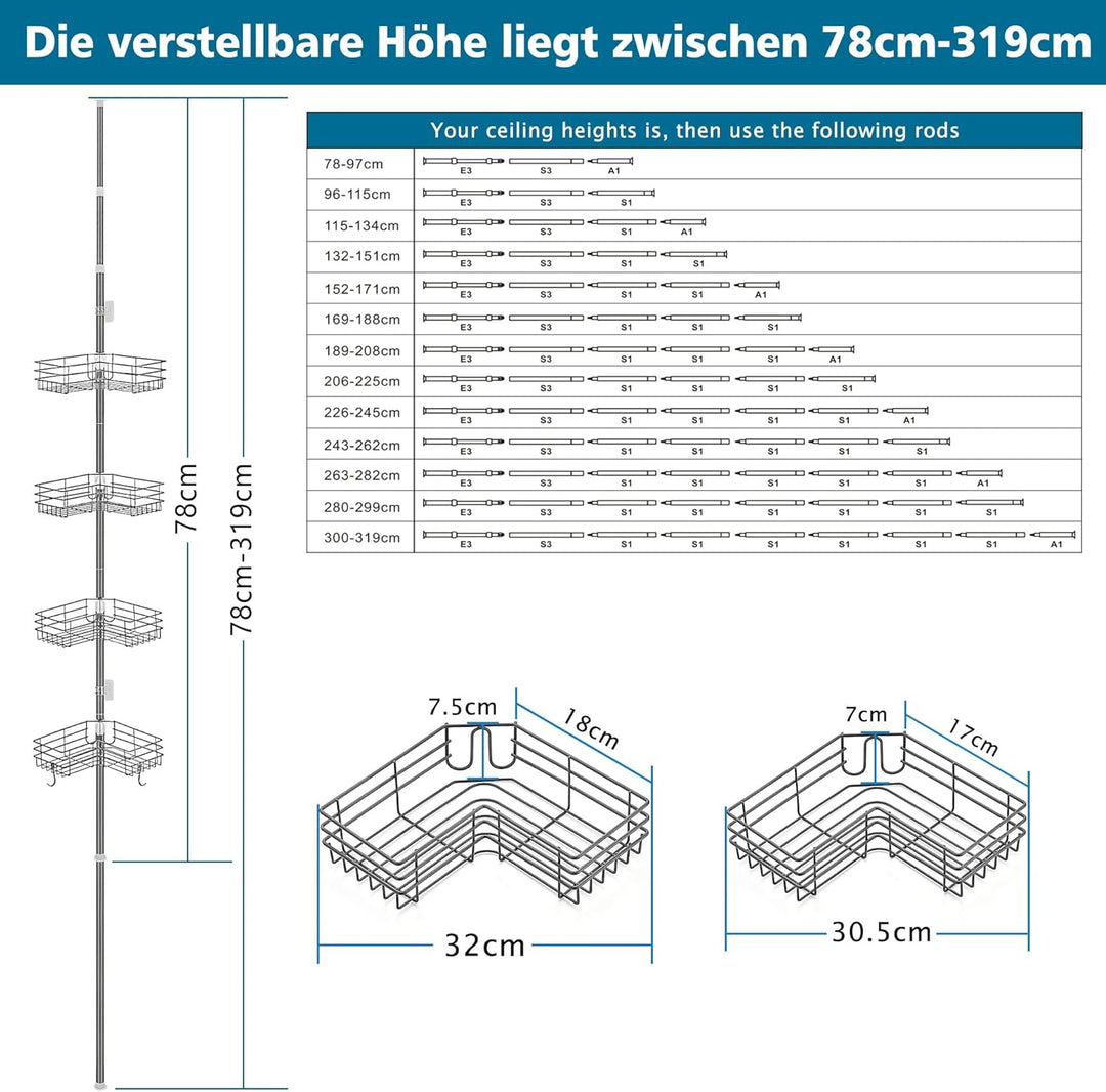 Duschablage ohne Bohren Teleskop Duschregal Metall Eckregal Badregal mit 4 Duschkörben, Höhenverstel