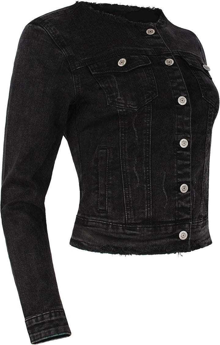 Fraternel Damen Jeansjacke ausgefranst Vintage Stretch XXL Schwarz, XXL Schwarz