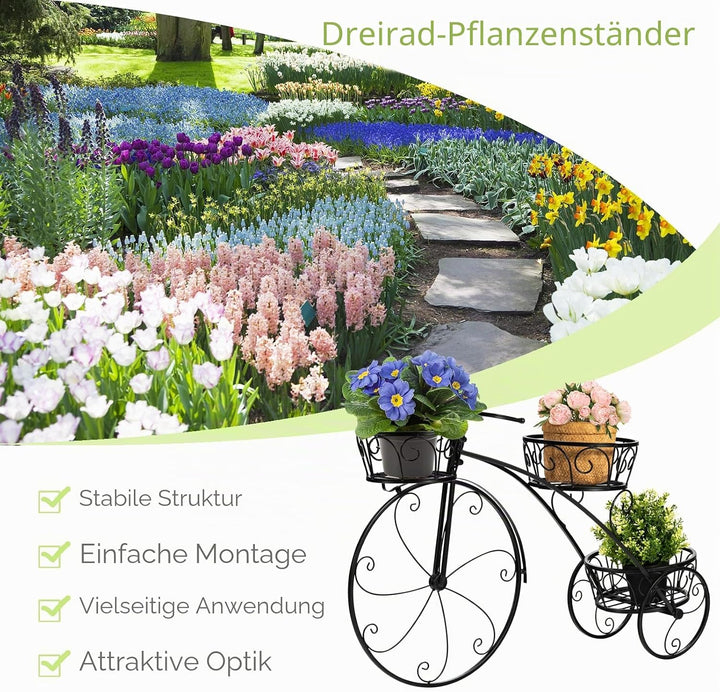 HOMASIS Blumenständer Fahrradform, Blumentreppe Metall Pflanzenständer mit 3 Ebenen, Pflanzentreppe