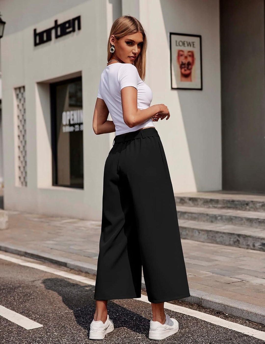Beyove Damen Weite Hose 7/8 Sommerhose High Waist Elegant Business Hosen Schlaghose Gestreifte Anzug
