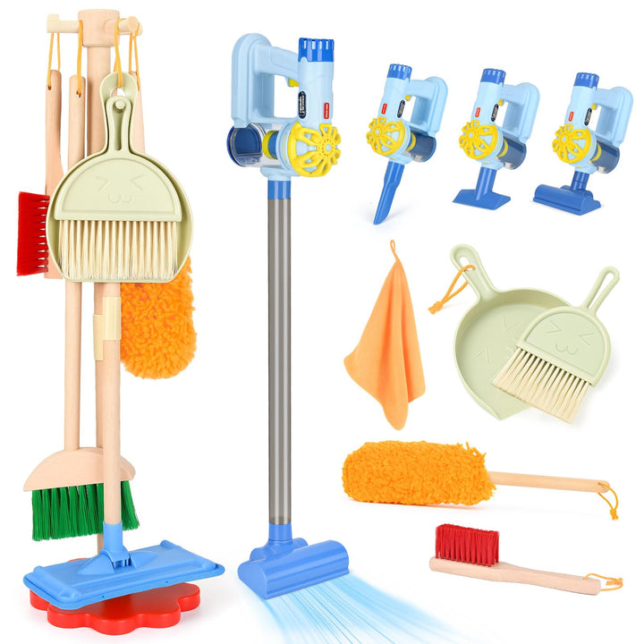 Dreamon Kinderstaubsauger Mit Saug und Soundfunktion, 11 PCS Putzset Kinder Holzspielzeug, Kinderbes