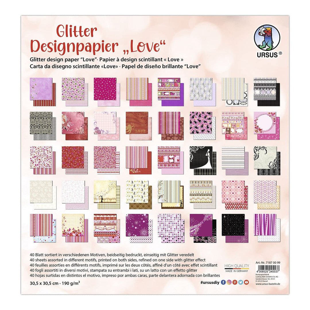 Ursus 71870099 - Glitter Design-Papier "Love", Mix mit 40 Blatt beidseitig bedrucktem Motiv-Papier,