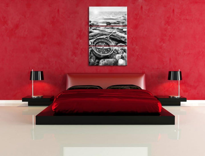 Pixxprint Kompass auf Steinen Heimat als Leinwandbild/Grösse: 3 Teilig (120x80) cm/Wandbild/Kunstdru
