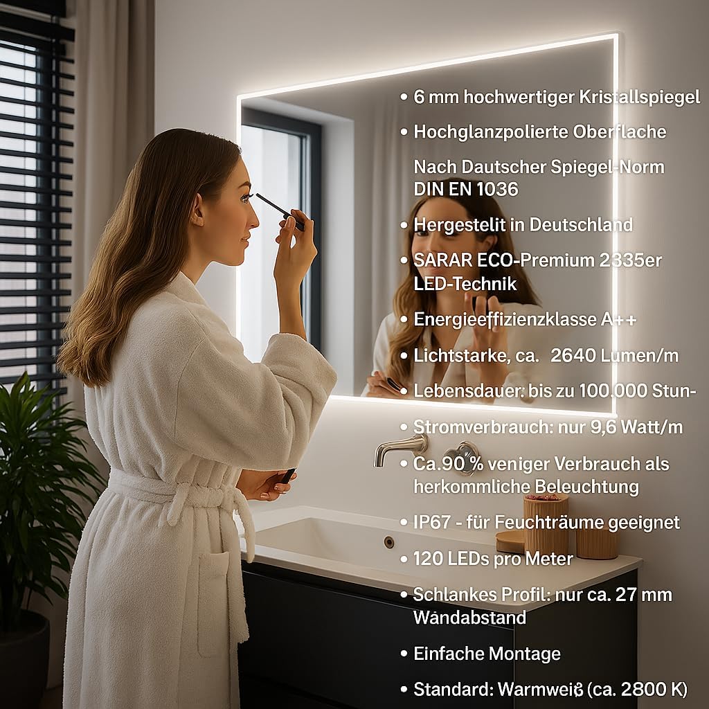 SARAR | Badspiegel Badezimmerspiegel mit LED-Beleuchtung, Vittoria, Leuchtspiegel, eckiger Wandspieg