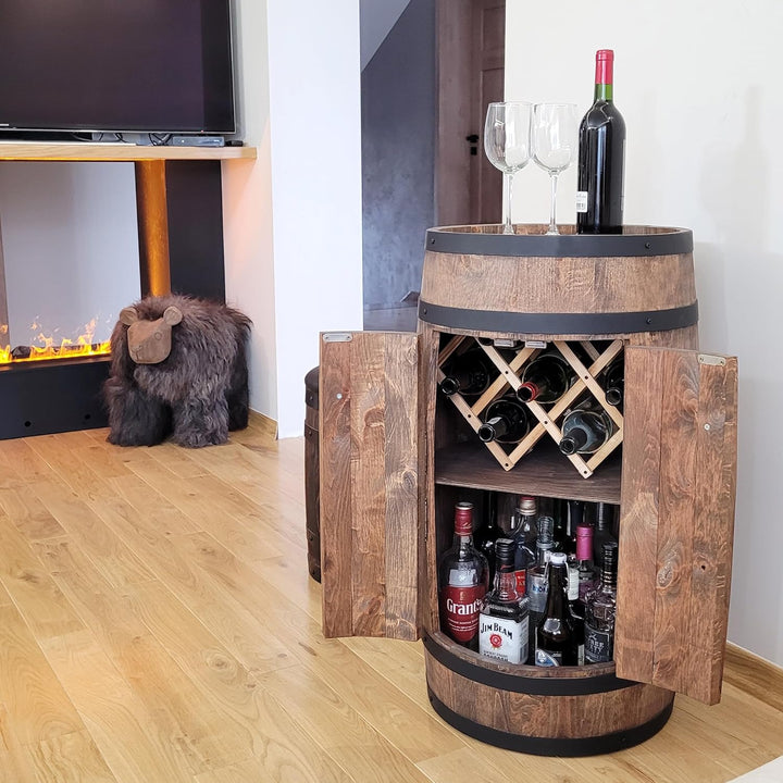 Fassbar mit Tür und Weinhalter RGB-LED-Beleuchtung - Weinregal. Hausbar Weinrack 80 cm. Rustikaler d