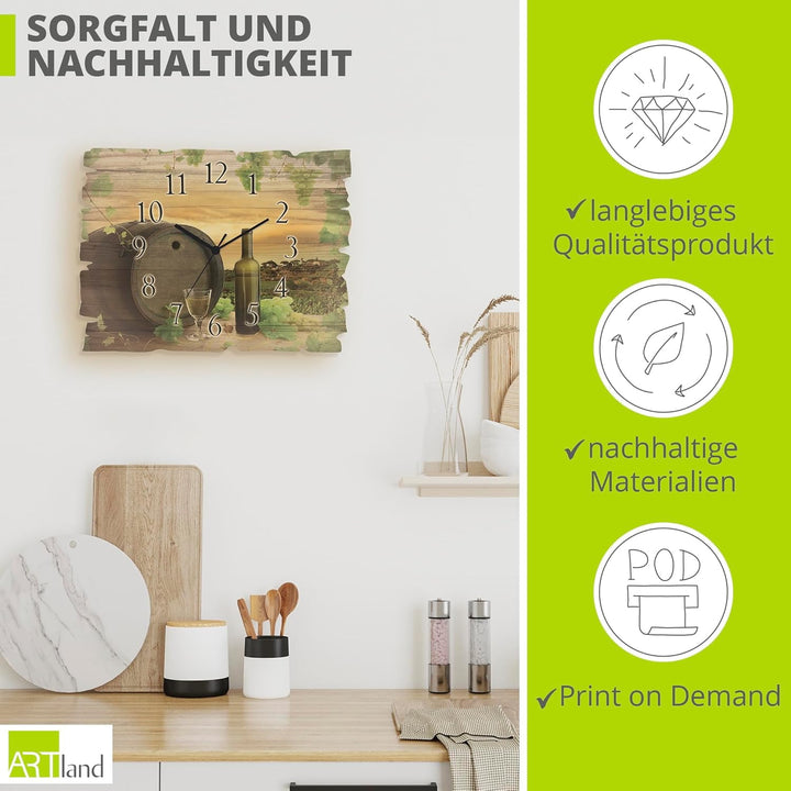 ARTLAND Wanduhr ohne Tickgeräusche aus Holz Funk Uhr lautlos 40x30 cm Rechteckig Küche Landschaft Na