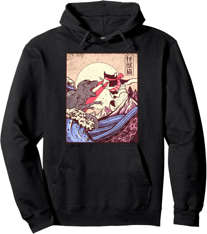 Vintage Retro Japanese Great Wave Cat Vs Monster Otaku Manga Pullover Hoodie
