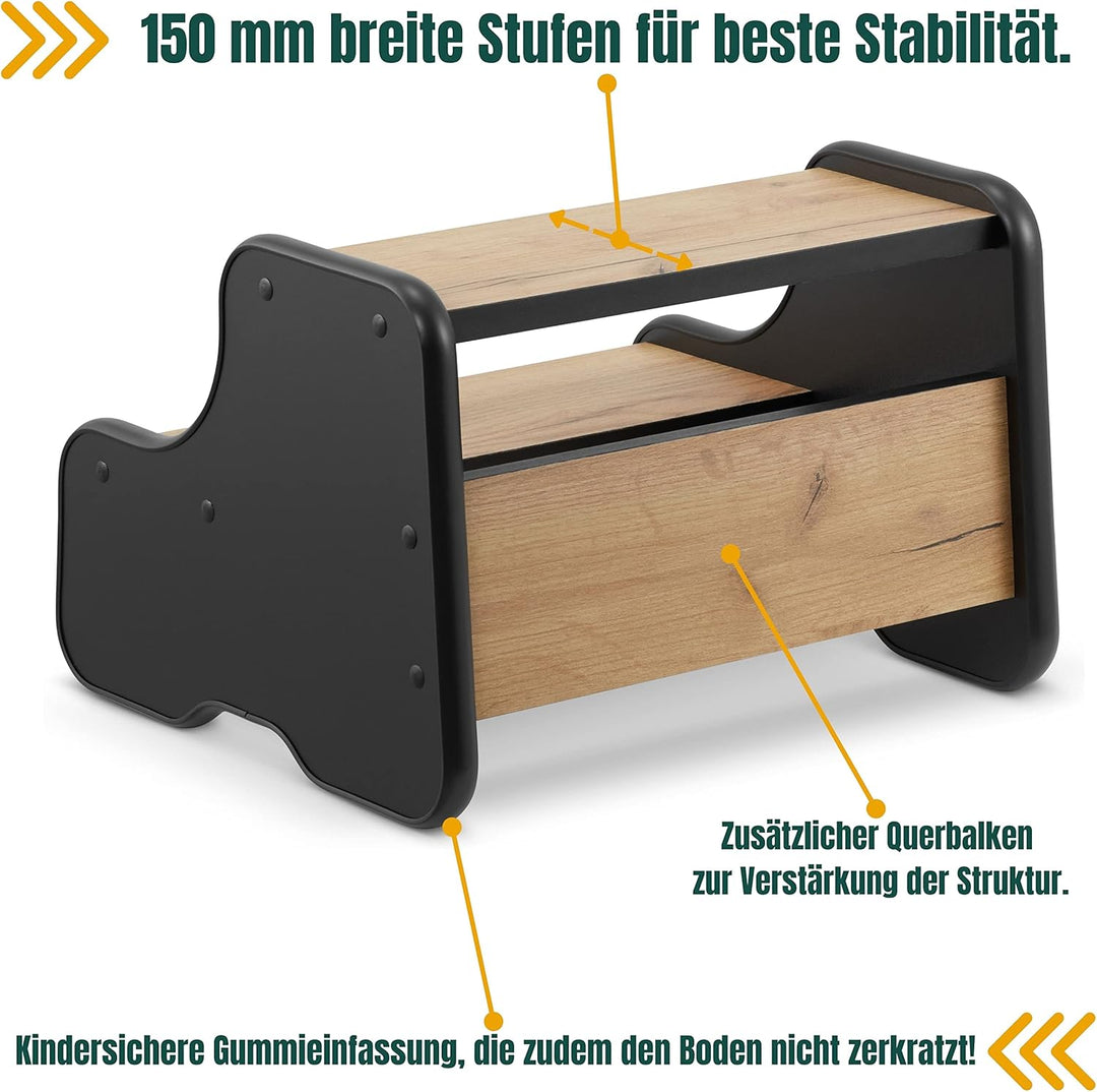 defiPad Tritthocker für Kinder mit 2 Stufen Schwarz/Eiche, Kinderhocker und Toilettenhocker, Tritt-S
