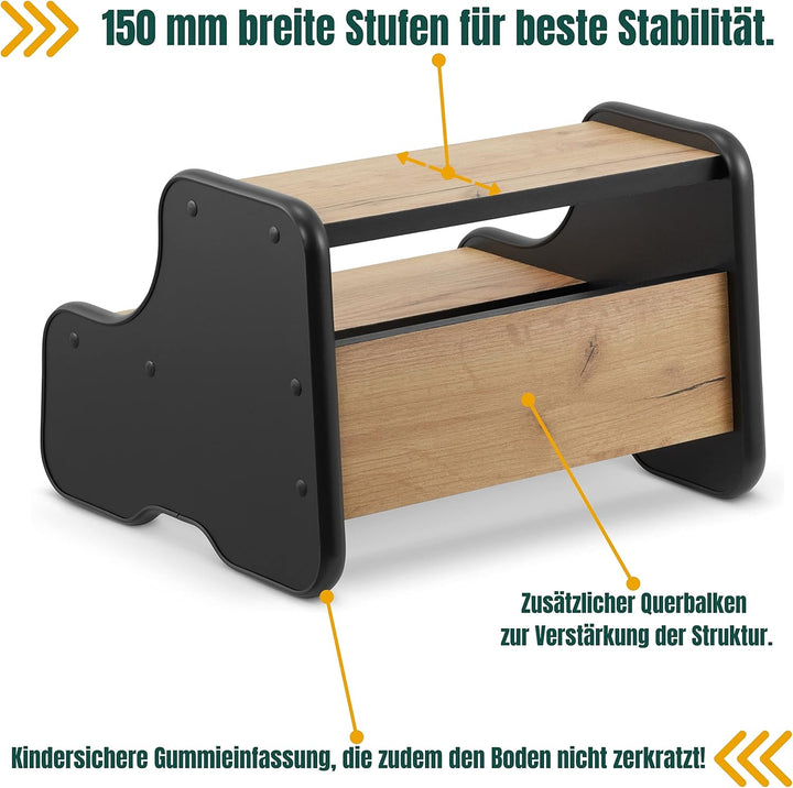 defiPad Tritthocker für Kinder mit 2 Stufen Schwarz/Eiche, Kinderhocker und Toilettenhocker, Tritt-S