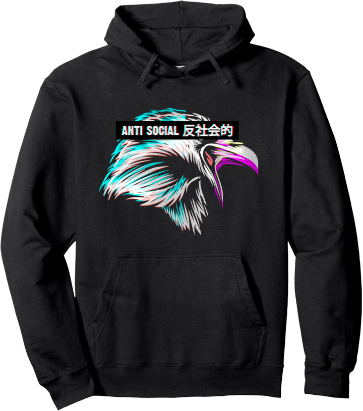 Anti Social Rabe Japanisch Text Kanji Vaporwave Krähe Pullover Hoodie