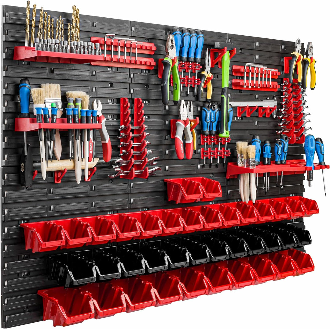 Lagersystem Werkstattregal | 117 x 78 cm | 38 stck. Box | Wandregal mit Werkzeughalterungen und Stap