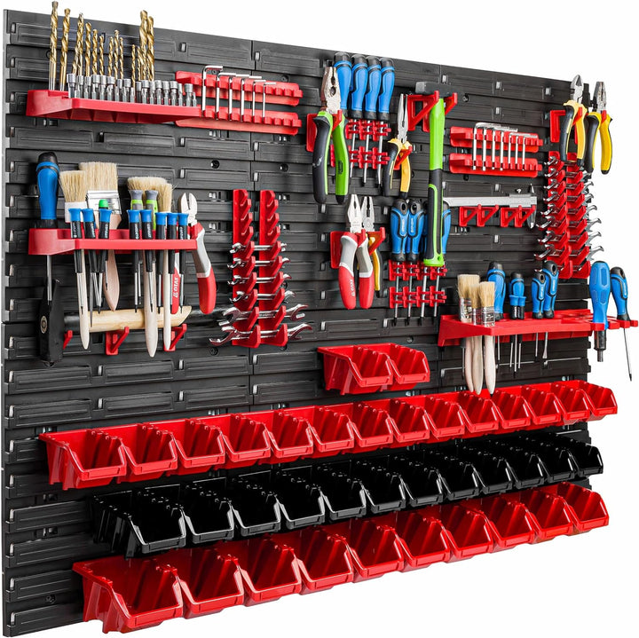 Lagersystem Werkstattregal | 117 x 78 cm | 38 stck. Box | Wandregal mit Werkzeughalterungen und Stap