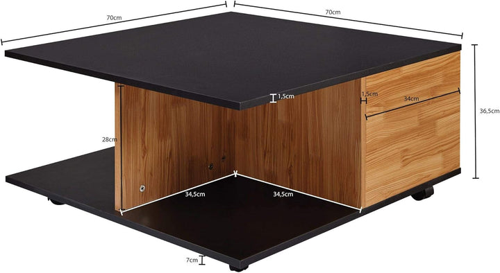 KADIMA DESIGN Couchtisch RAPIDO: 70x70x36,5 cm, 2 Schubladen, Rollen, Melaminharzbeschichtung, Weiss
