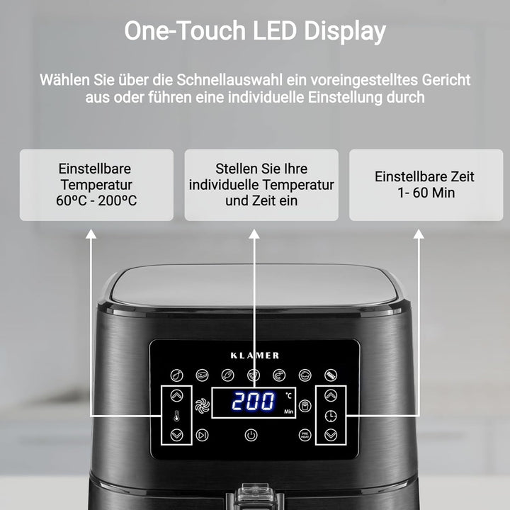 KLAMER Heissluftfritteuse 5,5l XXL, ölfreie Friteuse, 1700W Airfryer mit LED-Touchscreen, digitalem