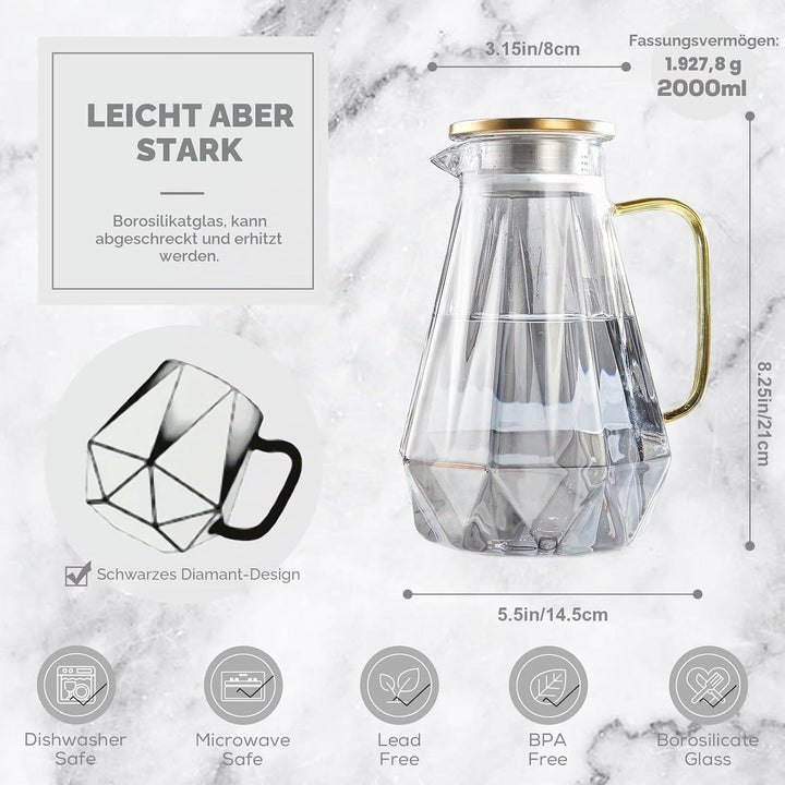 DUJUST schwarzer Glaskaraffe mit Deckel 2 Liter, Wasserkaraffe im Modernen Diamant Design, Glaskrug