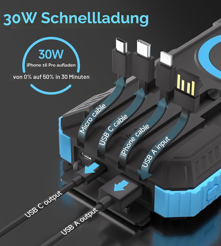 56800mAh Solar Powerbank, Wireless Power Bank gross mit 4 Kabeln, 30W PD Schnellladefunktion, 6 Ausg