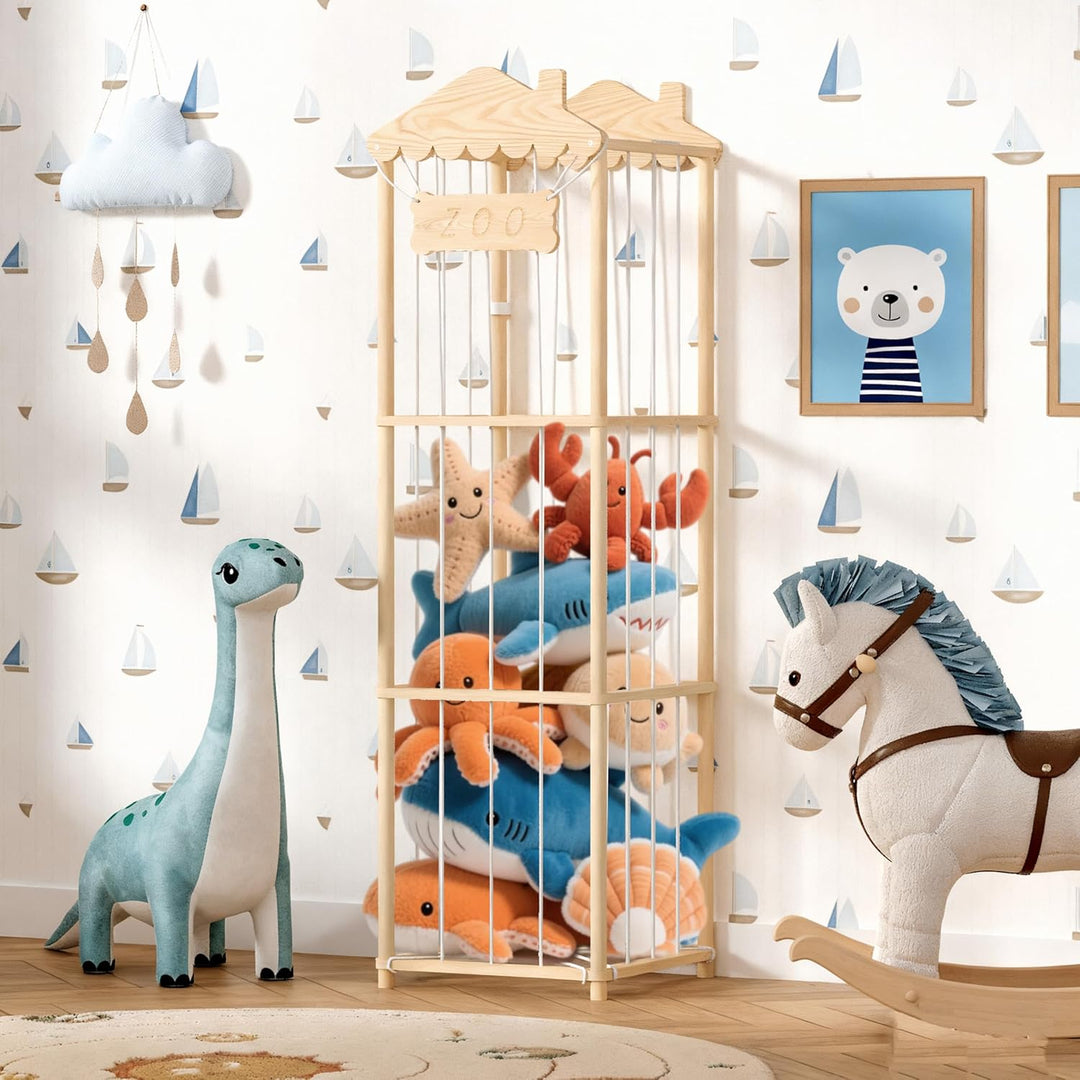 AMBIRD Kuscheltier Aufbewahrung Kinderzimmer, 140 * 40 * 40 cm Holz Kinder Spielzeug Regal für Kusch