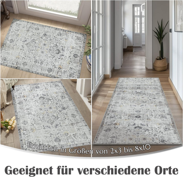 TOPICK Läufer Flur Waschbar Küche Läufer Kurzflor Retro Grau Blume Orientalischer Teppich 60x240cm A