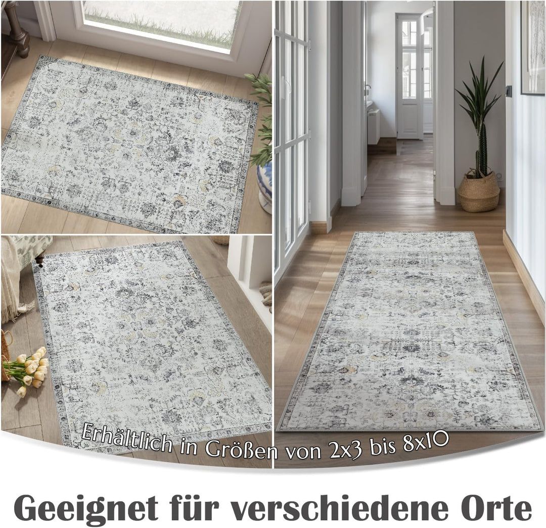 TOPICK Teppich Fussmatte Waschbar Fussmatte Innen Aussen Kurzflor Retro Grau Blume Orientalischer Te