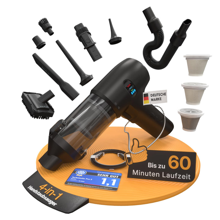 Turbotastic Pro 2 Handstaubsauger – 120W, 18.000Pa, bis 60 Min Laufzeit, HEPA-Filter, LED-Display, 4