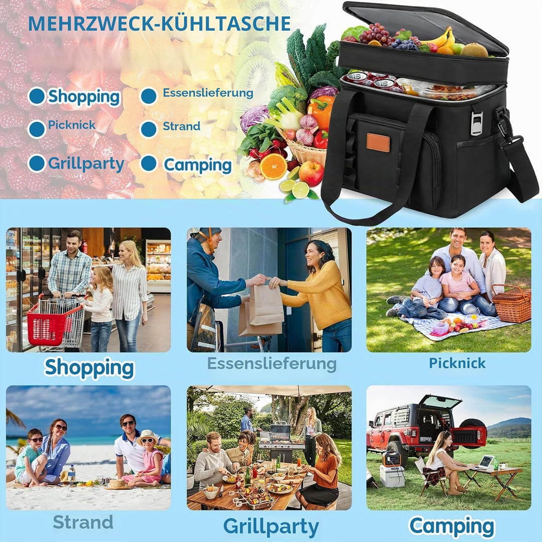 Kühltasche, 30.7L Doppel-Kühltasche Gross Faltbar, Thermotasche Hält Warm & Kalt, Picknicktasche mit