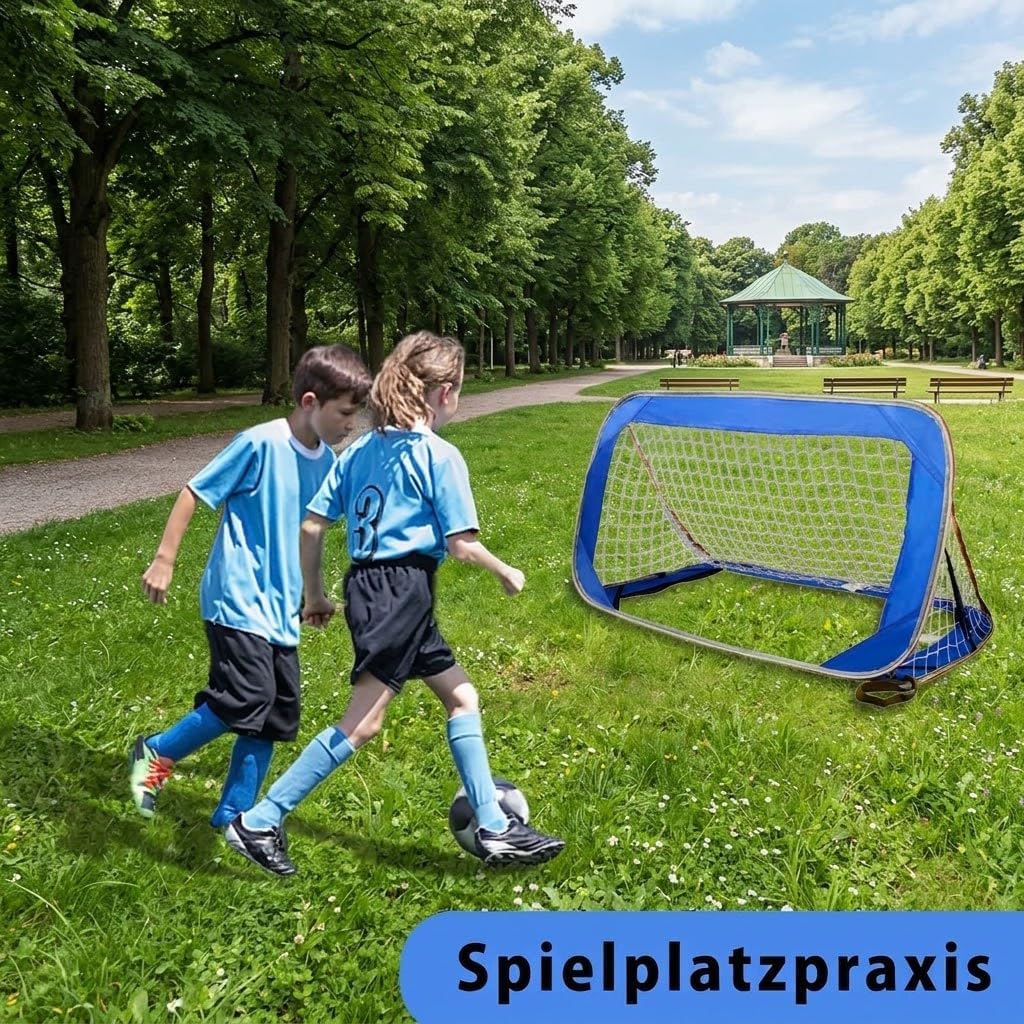 Fussballtore Kinder 2er Set: Pop-Up Fussballtor 120x70x70 cm, Blau, für Garten, mit Polyester-Netz,
