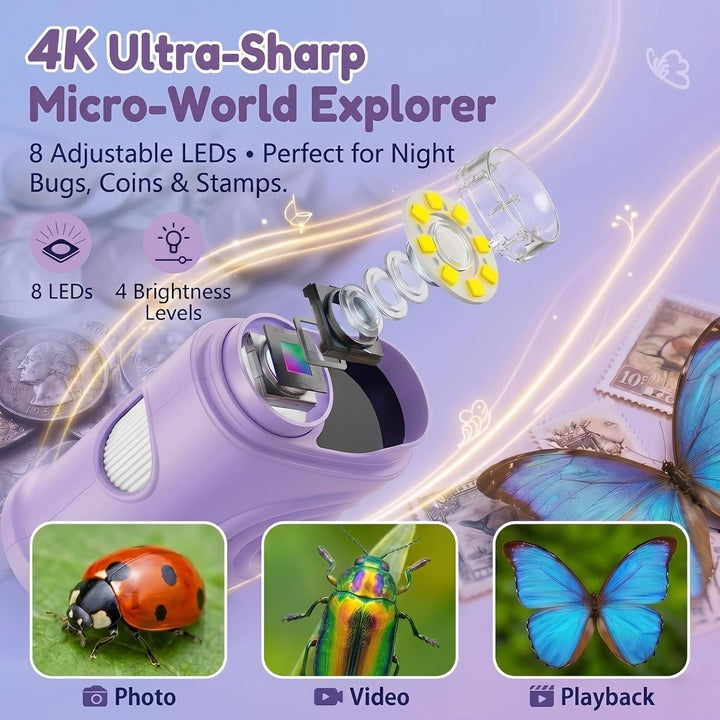Mikroskop für Kinder, 1000X 4K Digitalmikroskop mit IPS-Display, 8 LED Licht, USB-aufladbar, Tragbar