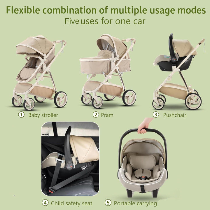 Zkiprm 3-in-1-Kinderwagen, 3-in-1-Reisesystem mit Autositz, mit Regenschutz, Aluminiumrahmen, Stadtw