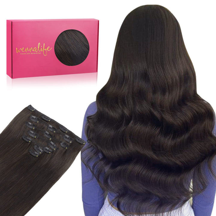 WENNALIFE Clip in Extensions Echthaar, 70g 7pcs 45cm Dunkel Braun Echthaar Extensions Clip in Remy C