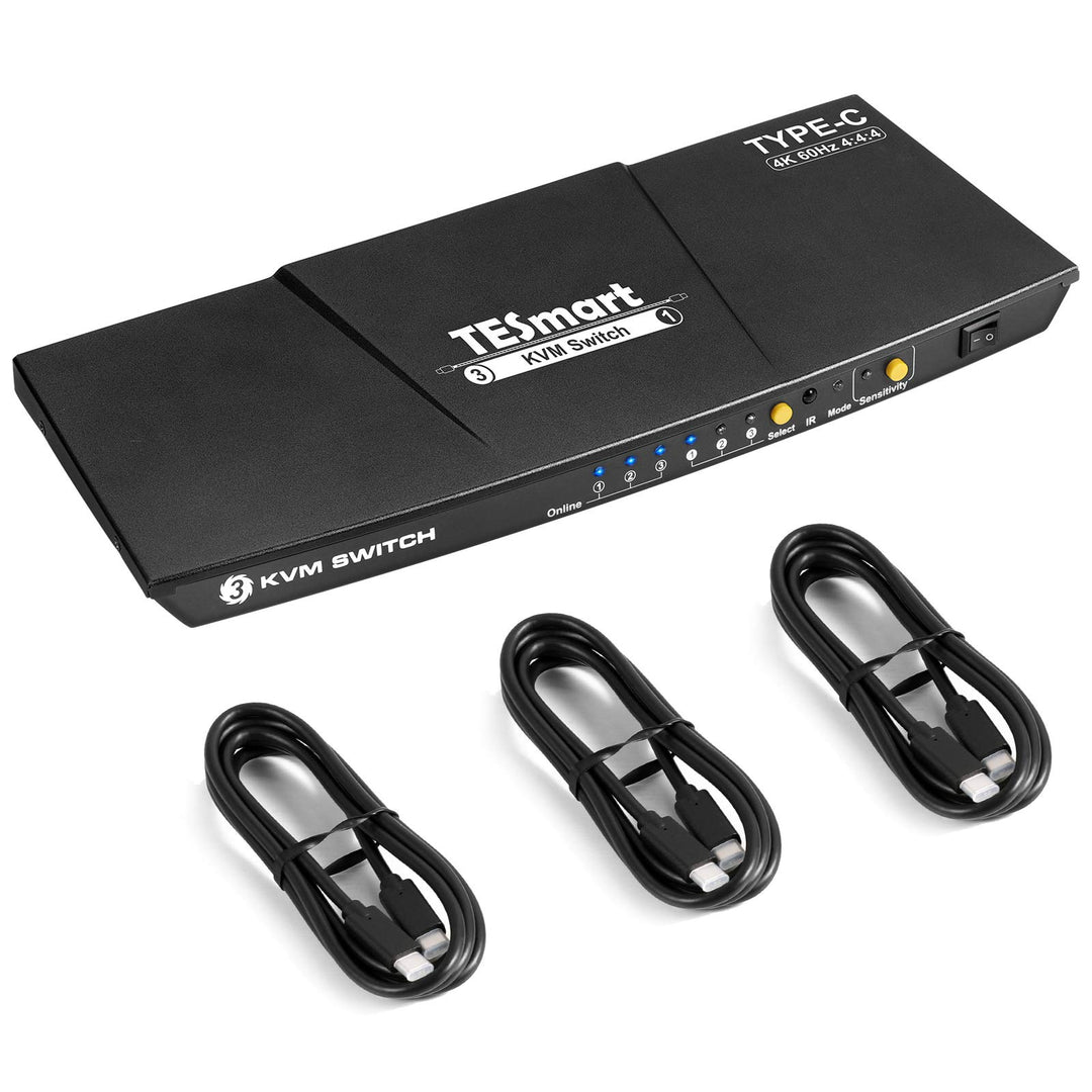 TESmart 3 Port USB Type C KVM Switch 4K@60Hz 4:4:4 Ultra HD | 3x1 USB C KVM-Umschalter 3 in 1 out Un