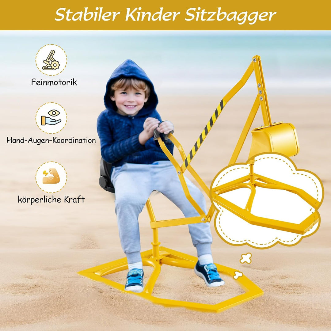 COSTWAY Sitzbagger 360° drehbar, Bagger zum Draufsitzen Metall, Bagger Sandkasten mit Schaufel & 2-H